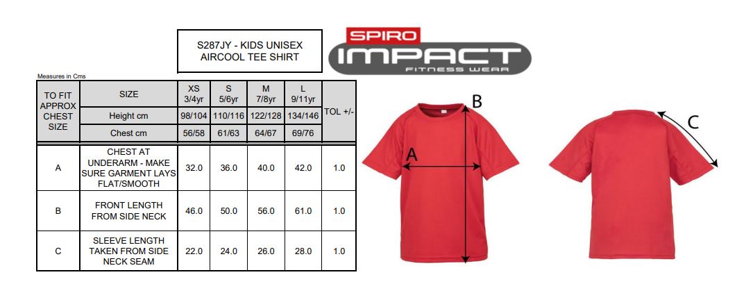 Maattabel voor Junior Performance Aircool T-shirt Spiro