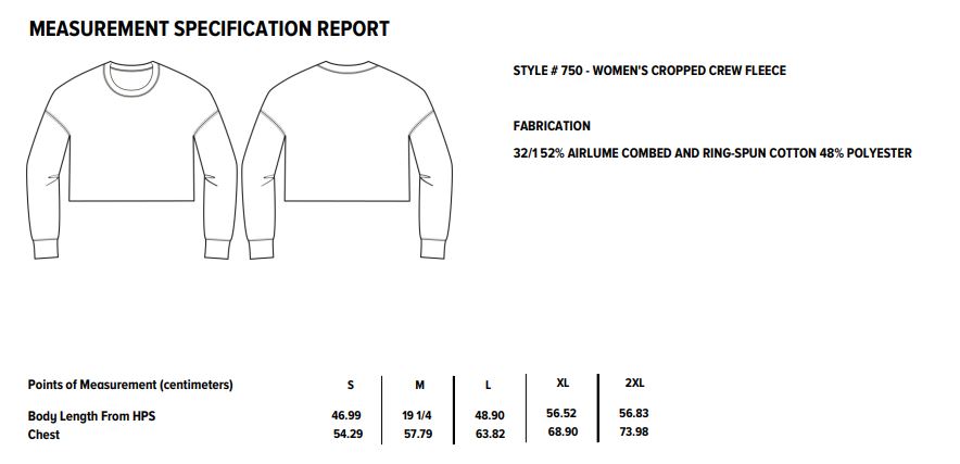 Maattabel voor Dames Cropped Crew Fleece Sweater Bella + Canvas