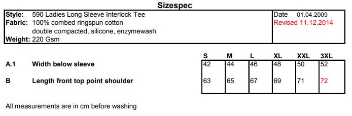 Maattabel voor Shirt Tee Jays Ladies LS Interlock 103.54