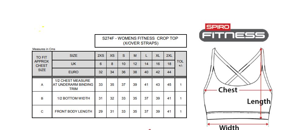 Maattabel voor Dames Fitness Crop Top Spiro 104.33