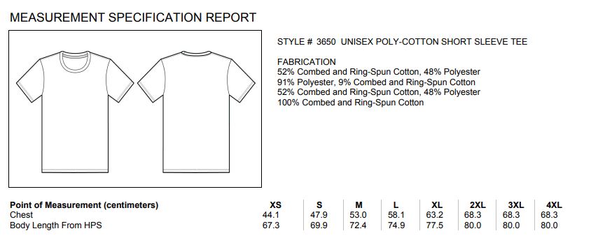 Maattabel voor Unisex Poly-Katoen T-shirt Bella+Canvas BE119