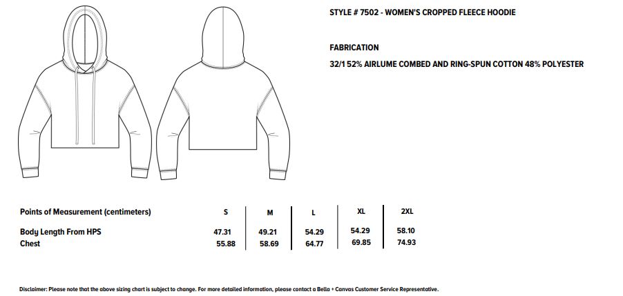 Maattabel voor Dames Cropped Fleece Hoodie Bella + Canvas 202.06