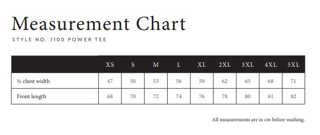 Maattabel voor T-shirt Tee Jays Power Tee