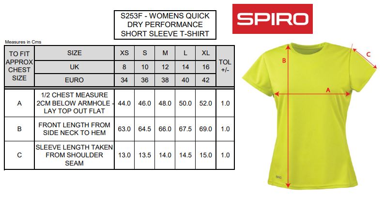 Maattabel voor Dames Sportshirt Spiro Quick-dry short sleeve