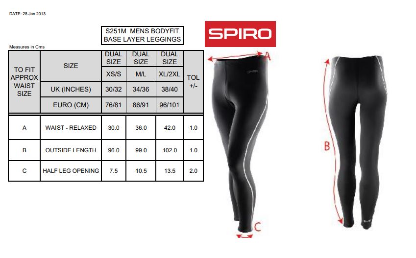 Maattabel voor Heren Bodyfit Base Layer Leggings 068.33