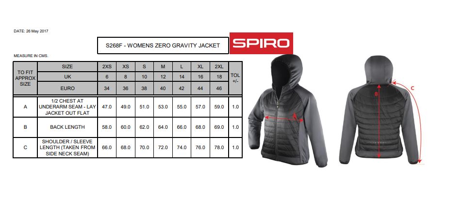 Maattabel voor Damesjas Result Zero Gravity Jacket