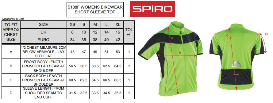 Maattabel voor Dames Fietstop Spiro 065.33