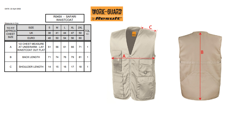 Maattabel voor Herenvest Result Safari/Photographic Vest