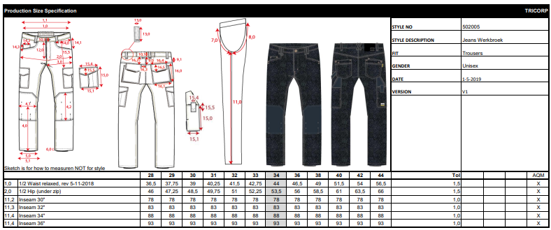Maattabel voor Jeans Tricorp TJW2000 Worker